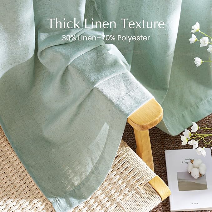 NICETOWN Linen Blend Sage Green Curtains 96 inches Long, Rod Pocket & Back Tab Light Filtering Semi Sheer Window Treatments Privacy Added Drapes for Living Room, W55 x L96, 2 Panels