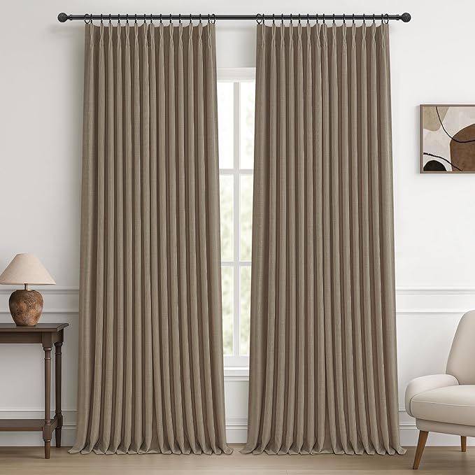 Pleat Dark Tan Ceiling Drapes 108 Inches Long 2 Panels Set for Living Room, Lush Decor Memory Shape Pinch Pleated Black Out Linen Blend Large Window Curtains Privacy with Hooks Rings for Office 9 FT