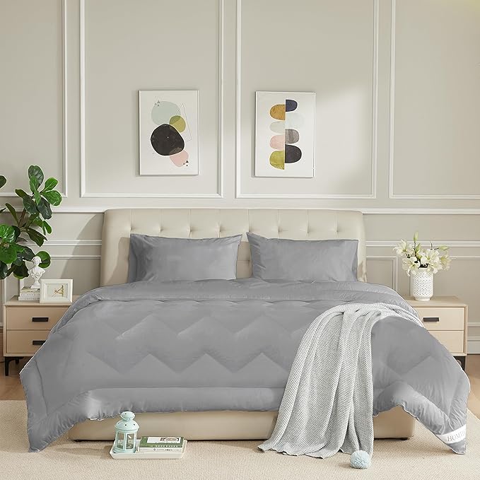 Queen Size Duvet Insert 100% Cotton Shell Down Alternative Comforter Dark Gray Quilted Fluffy Duvet Insert Lightweight All Season with 4 Corner Tabs Breathable Soft