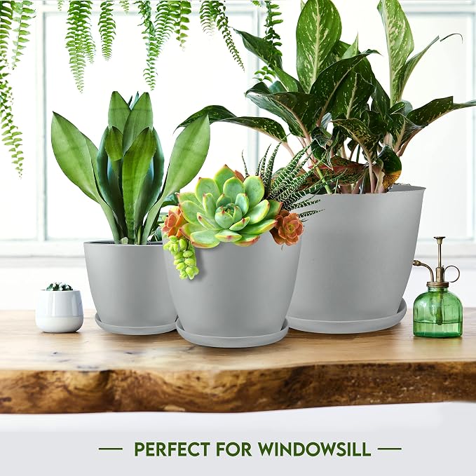 Utopia Home - Plant Pots Indoor with Drainage - 7/6.6/6/5.3/4.8 Inches Flower Pots for Indoor Planter - 5 Pack Plastic Planters - Ideal for Stocking Stuffers or Home Christmas Decorations - Gray