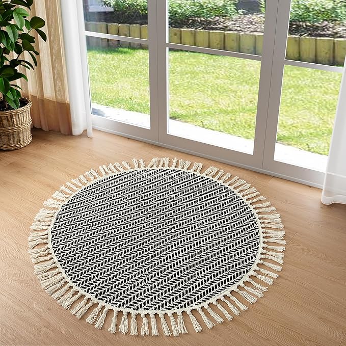 Lahome Belle Boho Black and White Round Rug 3ft, Small Circle Bathroom Kitchen Rug Lightweight Washable Rugs for Entryway with Tassels, Farmhouse Cotton Non Shedding Round Mat for Bath Dorm Bedroom
