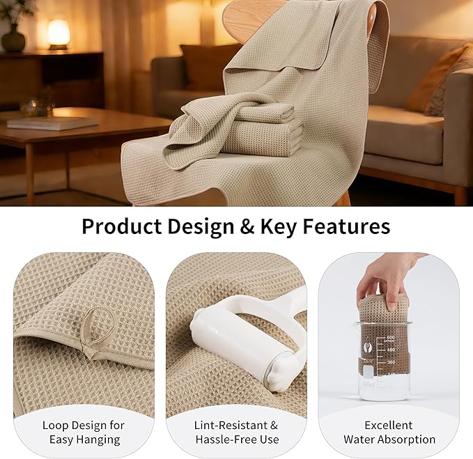 MICROFI Waffle Weave Bath Towel Set, Microfiber, 4 Pieces (Body/Hair/Hand/Face), Quick Dry, Lightweight, Super Absorbent, Lint Free, 380 GSM (Beige)