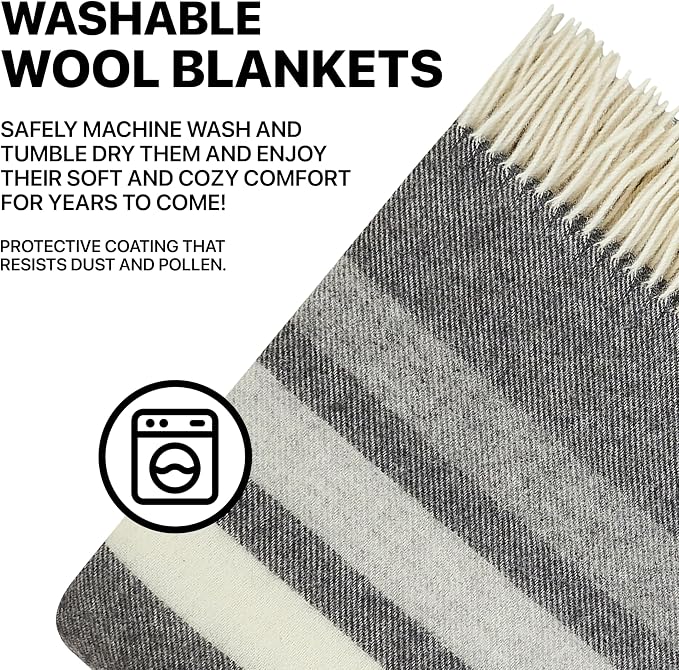 | Wool Blanket/Throw | 100% New Zealand Wool | Perfect for Home and Outdoors | Virgin Wool Blanket with Fringes 55"x79" (140 x 200 cm) (Moon Grey)