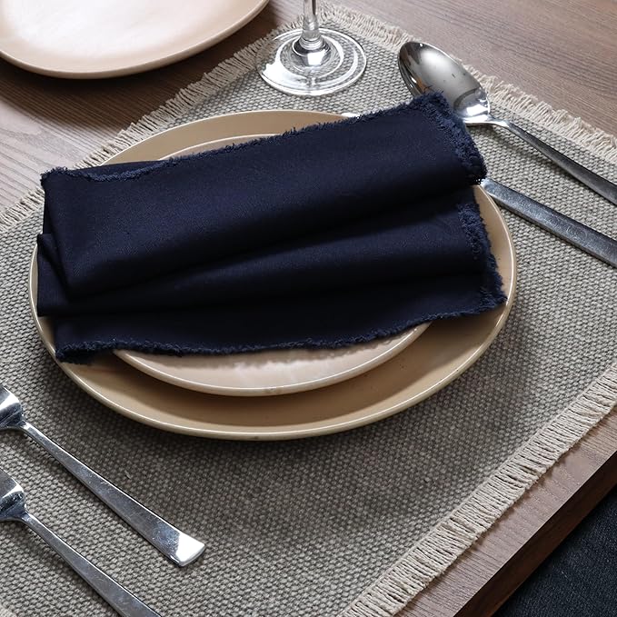 Ramanta Home Cloth Napkins Set of 12 Navy Blue 18x18 Inch - Spring Soft & Durable Frayed Dinner Napkin for Easter Wedding, Birthday | Heavy Weight Fabric Table Linen for Everyday Use Family Dinners