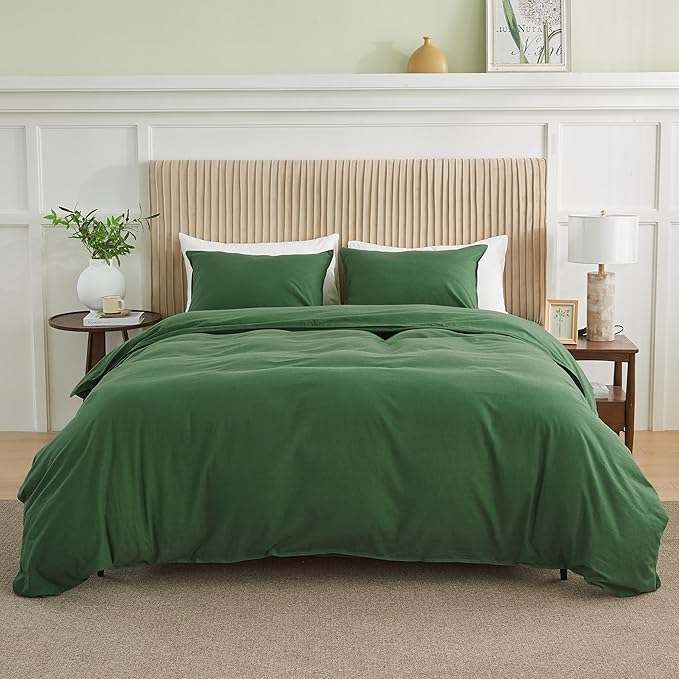 BISELINA French Linen Duvet Cover Set 3pcs with Hidden Zipper Closure Natural Flax Cotton Blend Solid Color Soft Breathable Luxury Farmhouse Bedding - King Size, Forest Green