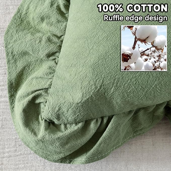 AmHoo Pack of 2 Throw Pillow Covers 100% Cotton Pre Washed Ruffle Decorative Pillowcase Cushion for Couch Sofa Bedroom 18 x 18-Inch Sage Green