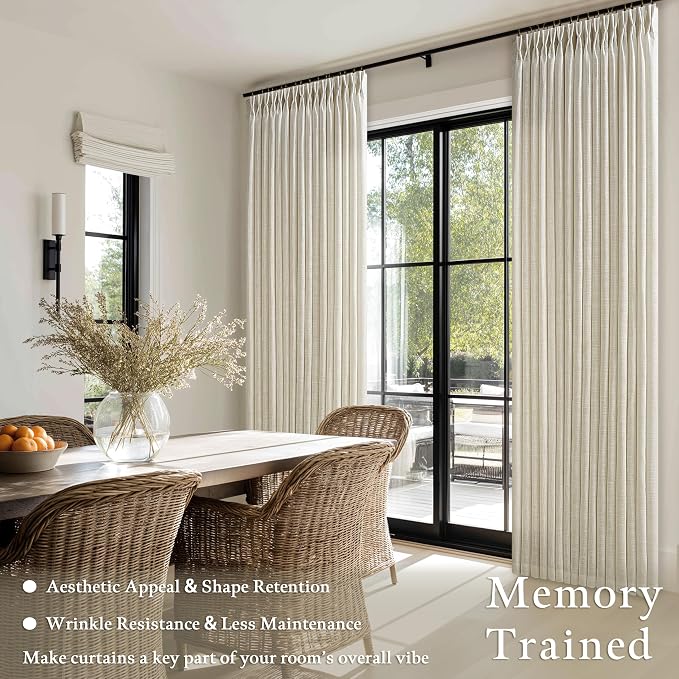 112 Inch Linen Pinch Pleated Curtains 2 Panels for Living Room Bedroom Memory Training Shaped Semi Sheer Beige Light Tan Pinch Pleat Drapes with Hooks Rings Light Filtering Window Curtain 50x112