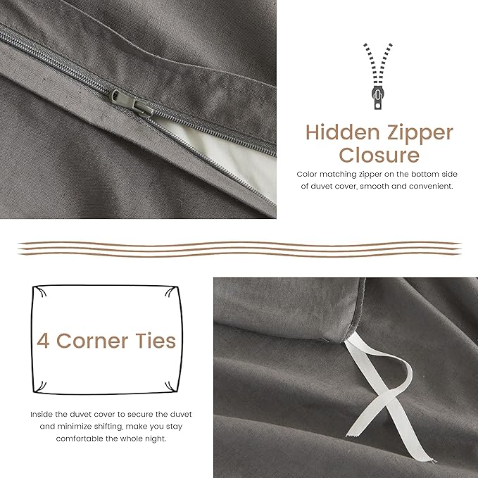 BISELINA French Linen Duvet Cover Set 3pcs with Hidden Zipper Closure Natural Flax Cotton Blend Solid Color Soft Breathable Luxury Farmhouse Bedding - Queen Size, Dark Grey