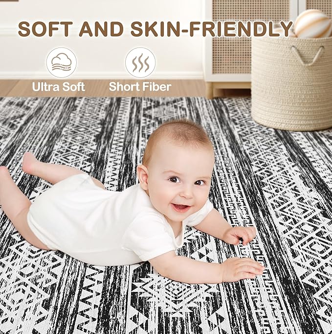 Tortania Area Rug Living Room Rugs - 8x12 Washable Large Soft Neutral Boho Moroccan Bohemian Farmhouse Rug Indoor Floor Carpet for Bedroom Under Dining Table Home Office Decor - Black White