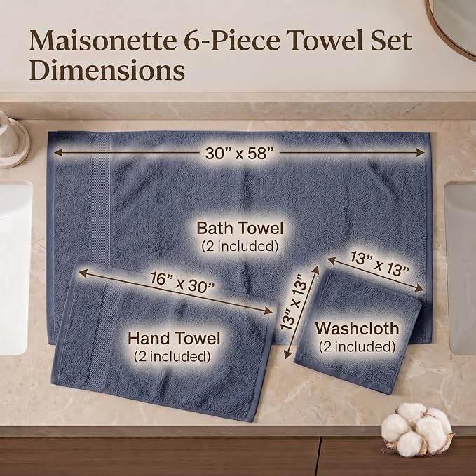 Maisonette Elegance 100% Organic Cotton Turkish Bathroom Towels Set, Ideal Quick Dry Luxury Washcloths, Hand & Large Luxury Bath Towels for Shower (6 Pack), Dark Blue (Mineral)