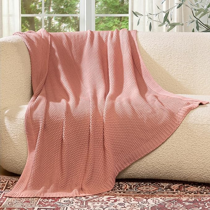 100% Cotton Cable Knit Throw Blanket, Lightweight Soft Knit Blanket for Sofa Couch Bed, Breathable All-Season Throw, Cozy Decorative Blanket, 50 x 60 Inch,Pink