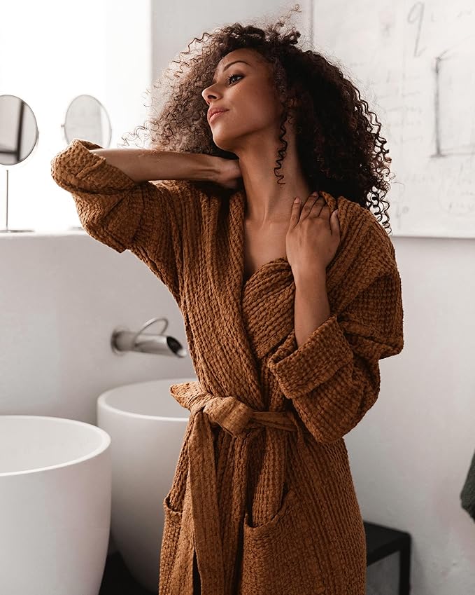 Magic Linen - Unisex Waffle Bathrobe, Hooded Linen-cotton Blend Bath Robe, Lightweight Robe for Women and Men