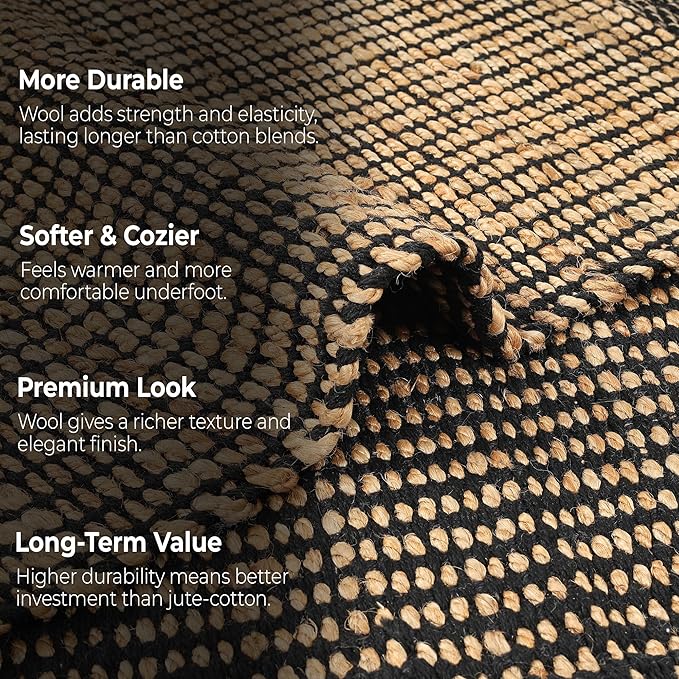 6' x 9' Jute & Black Wool Area Rug Handwoven Mini Check Natural Fiber Rug with 4" Border, Neutral Boho Farmhouse Rug for Living Room,Dining Room,Bedroom | 0.6" Pile (6' x 9')