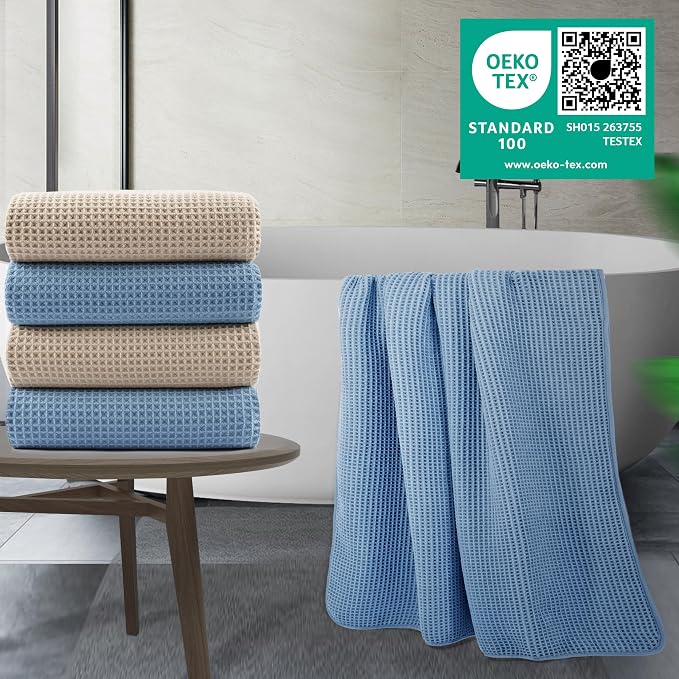 POLYTE 430 GSM Microfiber Oversize Quick Dry Lint Free Bath Towel, 60 x 30 in, 4 Pack (Waffle Weave)
