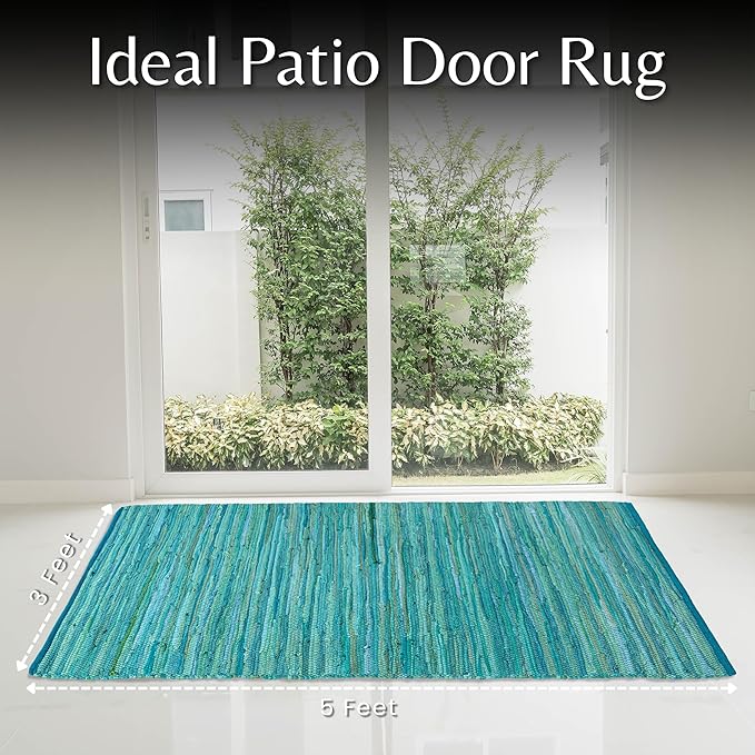 Cotton Hand Woven Chindi Rug 3x5 Feet - Teal, Reversible Large Durable Handmade Rag Dhurrie Ideal for Hallway, Kitchen, Living Room | Green Farmhouse Decorative Rectangular Floor Mat for Balcony