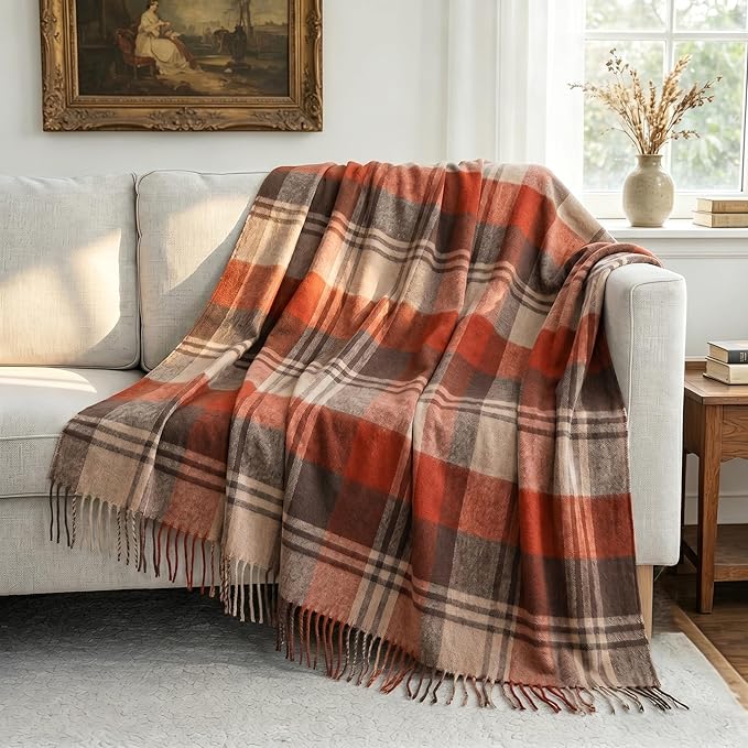 100% Wool Blanket Throw,Red Plaid Wool Blanket with Compact Bag, Rustic Soft Lightweight Blanket for Couch, Sofa, Bed & Lounging Decoration, Warm Travel Blanket for Home, Airplane,Ideal Gifts 55"x83"