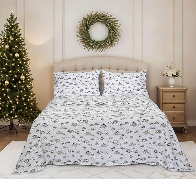 RUVANTI Flannel Sheets Full Size - 100% Cotton Double Brushed Bed Sheets Set, Deep Pockets 16 Inches, All Seasons Breathable & Extra Soft Full Sheets, Warm & Cozy, 4 Piece, Hilly Huts