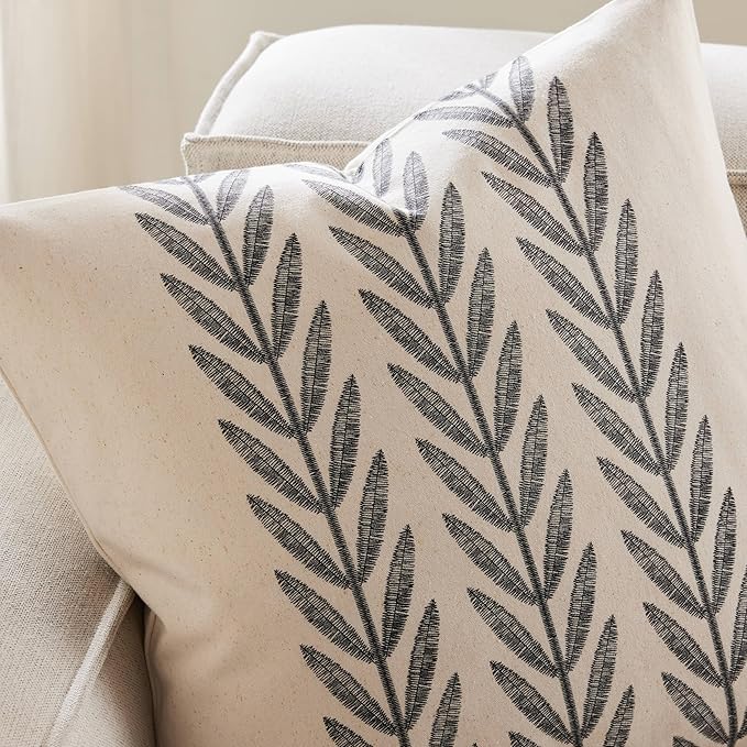 100% Cotton Farmhouse Leaves Throw Pillow Covers Set of 2, 16x16 Inch Black Pastoral Decorative Print Cushion Covers for Sofa Bed Living Room Home Decor