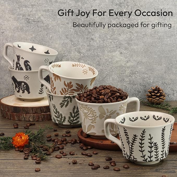 Ceramic Coffee Mug, 11 oz Small Novelty Unique Teacup with Handle, Stoneware Cup for Tea Mocha Latte Cappuccino (Set of 2, Ivy and Leaf)