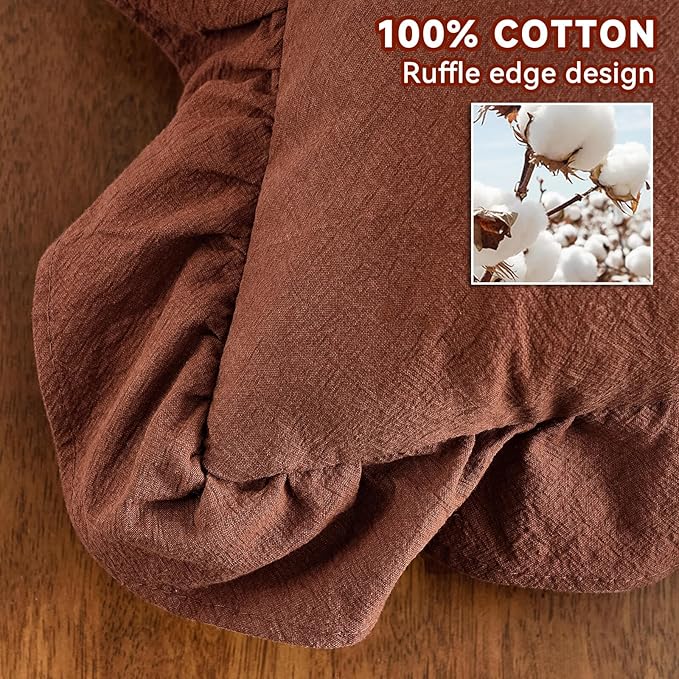 AmHoo Pack of 2 Throw Pillow Covers 100% Cotton Pre Washed Ruffle Decorative Pillowcase Cushion for Couch Sofa Bedroom 18 x 18-Inch Brown