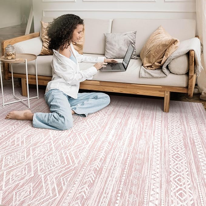 Tortania Area Rug Living Room Rugs- 12x18 Washable Large Soft Neutral Boho Moroccan Bohemian Farmhouse Rug Indoor Floor Carpet for Bedroom Under Dining Table Home Office Decor - Pink