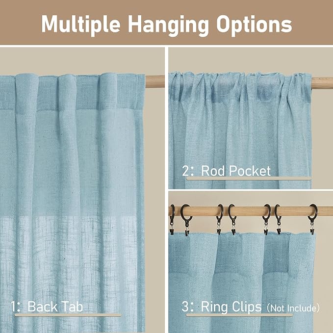 LAMIT Semi Sheer Window Linen Curtains 54 Inch, Light Filtering Panels Back Tab and Rod Pocket Country Decor Drapes for Bedroom/Farmhouse, Stone Blue, 2 Panels, 34 x 54 Inch