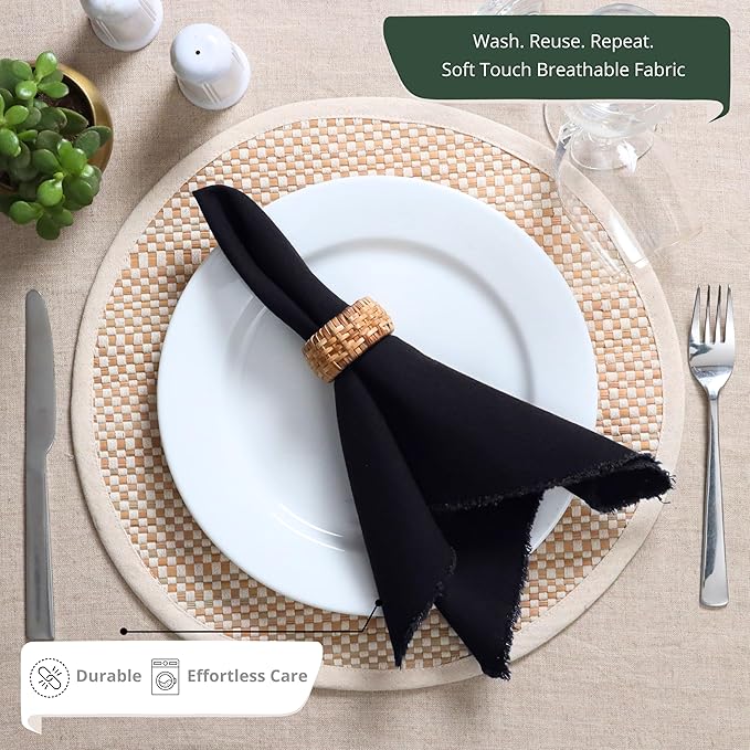 Ramanta Home Cloth Napkins Set of 12 Black 18x18 Inch - Spring Soft & Durable Frayed Dinner Napkin for Easter Wedding, Birthday, Party | Heavy Weight Fabric Table Linen for Everyday Use Family Dinners