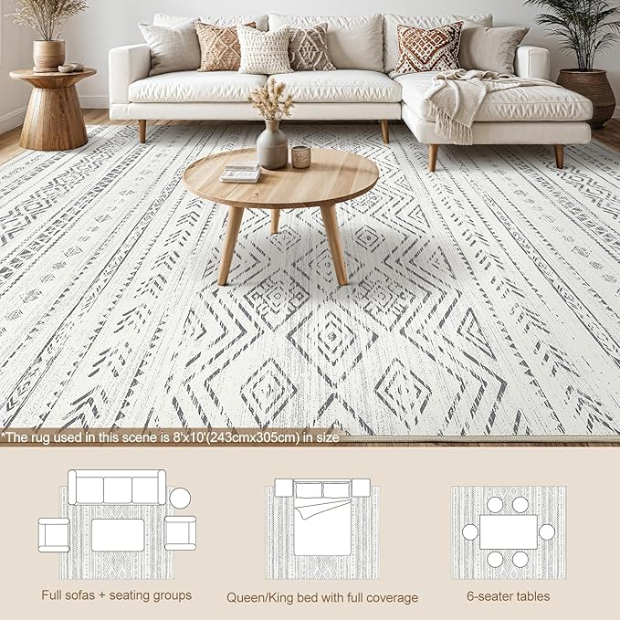 Tortania Area Rug Living Room Rugs- 8x10 Washable Large Soft Neutral Boho Moroccan Bohemian Farmhouse Rug Indoor Floor Carpet for Bedroom Under Dining Table Home Office Decor - Beige Gray