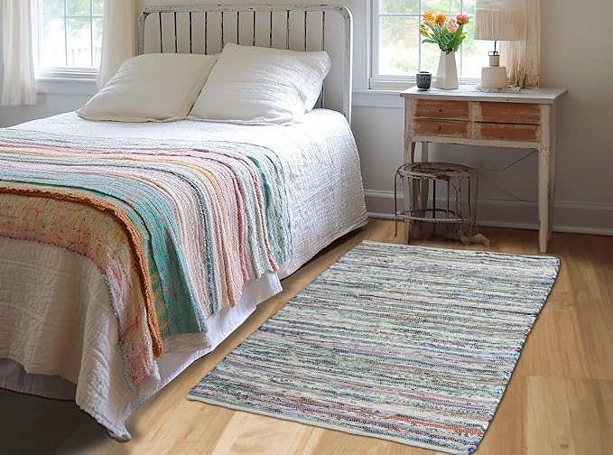 COTTON CRAFT Cotton Chindi Rag Rug - 3x5 ft – Handwoven Reversible Boho Farmhouse Accent Area Rug – Multicolor Recycled Cotton Yarn Throw Accent for Bedroom, Entryway, Kitchen & Living Room