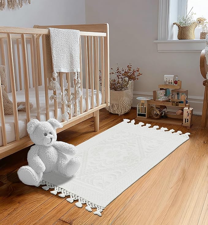 COTTON CRAFT Woven Area Rug - 2 Pack Cotton Jacquard Textured Rug - Boho Farmhouse Rustic Throw Rug with Fringe - Machine Washable Accent Mat for Bedroom Living Room Entryway Nursery - 20x32 - White