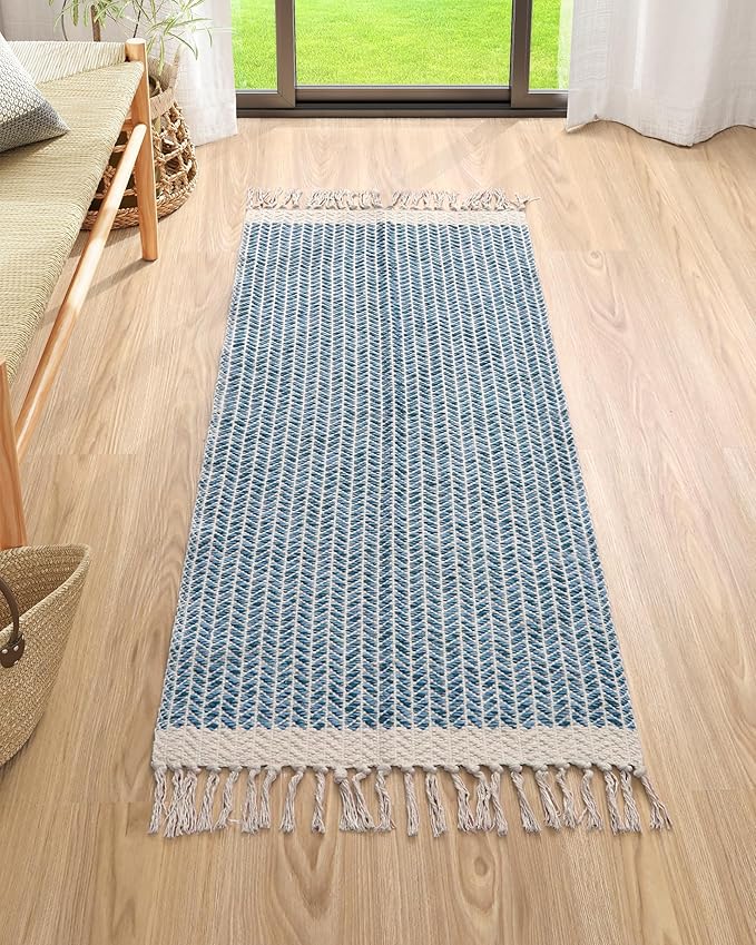 Lahome Belle Boho Laundry Room Rug Runner, 2x4.3 Bathroom Runner Rug Lightweight Kitchen Rugs Woven Cotton Throw Mat with Tassels, Farmhouse Washable Blue Rugs Low Pile for Bedroom Door Mat