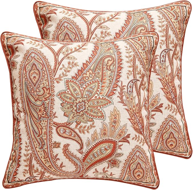 ISAENNE Design Linen Classic Vintage Throw Pillow Covers 18"x18" Pack of 2, Square Cushion Covers with Orange Yellow Paisley Style Pattern Decoration Pillowcases for Bed,Living Room,Outdoor,Car