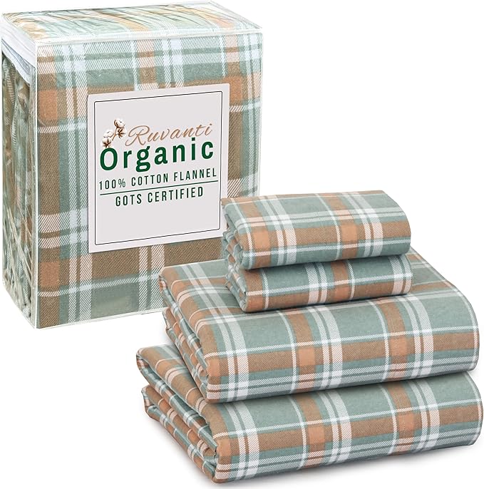 RUVANTI Flannel Sheets Full Size - GOTS Certified 100% Organic Cotton, 4 Piece Warm, Soft & Breathable Set, Deep Pocket Snug Fit, Double Brushed Cozy All Season Bedding, Spruce Blue