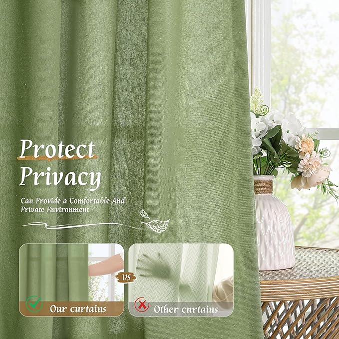 LAMIT 54 Inch Linen Curtains 2 Panels, Soft Faux Linen Light Filtering Panels Rod Pocket Farmhouse Privacy Drapes for Small Window/Loft Room, 42 x 54 Inch, Green