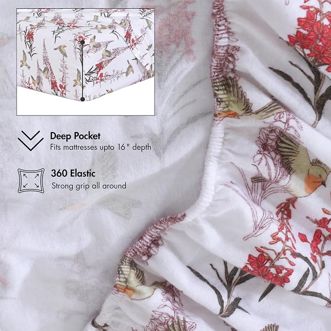 RUVANTI Flannel Sheets King Size - 100% Cotton Double Brushed King Bed Sheets Set - Deep Pockets 16 Inches - All Seasons Breathable & Extra Soft - Warm & Cozy, 4 Piece, Garden Song