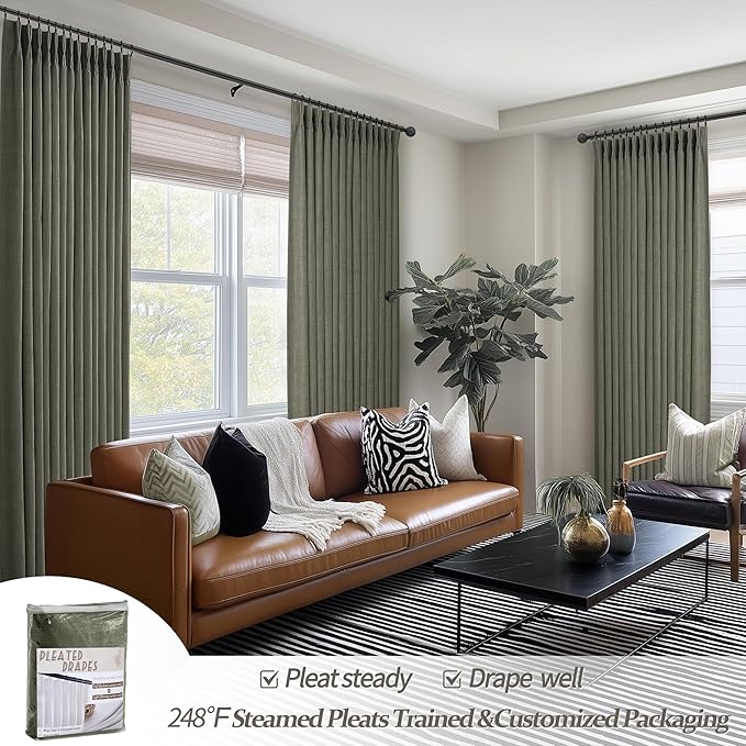 Lichen Grey Pinch Pleated 102 Inch Long Curtains 2 Panels Set for Dining Room, Farmhouse Full Black Out Thick Linen Two Layer Viral Curtain Thermal Energy Efficient Greenish Gray Window Drape 8-1/2 FT