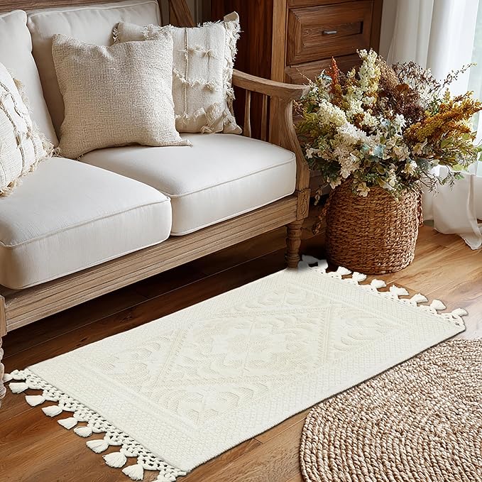 COTTON CRAFT Woven Area Rug - 2 Pack Cotton Jacquard Textured Rug - Boho Farmhouse Rustic Throw Rug with Fringe - Machine Washable Accent Mat for Bedroom Living Room Entryway Nursery - 20x32 - Ivory