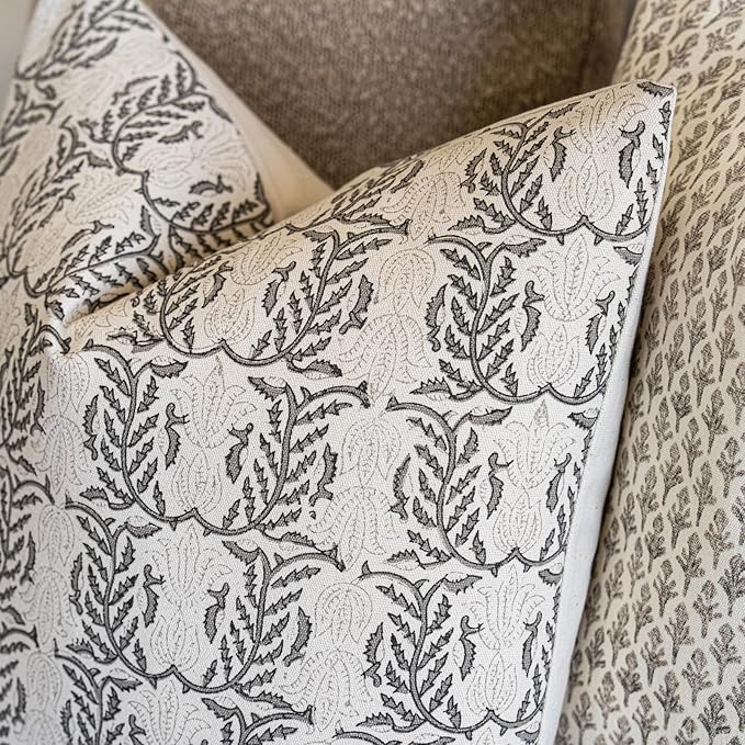 FIOUOVO Floral Throw Pillow Covers 24x24 Set of 2 Block Print Cushion Covers Farmhouse Neutral Accent Decorative Pillow Covers Home Decor for Sofa Couch Living Room Bedroom, Light Taupe