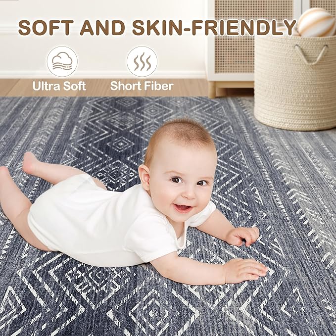 Tortania Area Rug Living Room Rugs- 10x14 Washable Large Soft Neutral Boho Moroccan Bohemian Farmhouse Rug Indoor Floor Carpet for Bedroom Under Dining Table Home Office Decor - Blue Gray