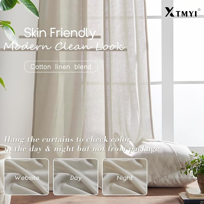XTMYI 70 Inches Wide Country Curtains for Living Room,Sheer Linen Shabby Chic Curtains for Bedroom Oatmeal 108 Inches Long