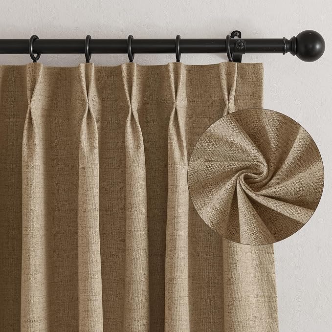 RYB HOME Pinch Pleated Back Tab Curtains Linen Textured 100% Blackout Curtains Thermal Insulated for Bedroom Living Room Bay Window Drapes, W 42 x L 84 inches, Burlap, 2 Panels