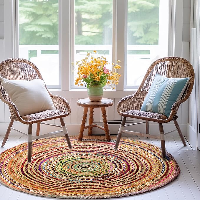 COTTON CRAFT Jute Cotton Chindi Braid Rag Rug - Boho Farmhouse Rustic - Handwoven Reversible Natural Jute and Recycled Cotton Throw Area Rug Carpet - Home Décor - 5 Feet Round - Multi Color