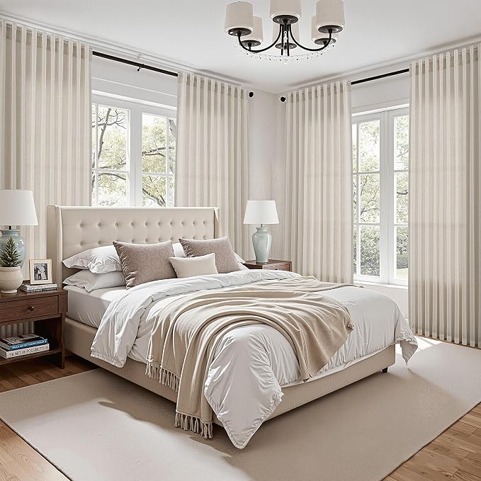 Extra Long Warm Beige Linen Curtains 120 Inch for Living Room 2 Panels Set Rod Pocket Back Tab Light Filtering Semi Sheer Linen Window Drapes Privacy High Ceiling Drapes for Farmhouse 52x120