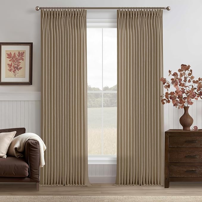 Extra Long Pleated Linen Curtains 120 Inches Length Light Brown Tan Farmhouse Light Filtering Memory Trained Window Curtain with Hooks Rings Back Tab Ceiling Floor Drapes 2 Panels Set for Living Room