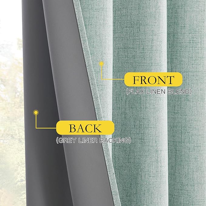 NICETOWN Full Blackout Linen Curtains for Living Room 102" Length with Thermal Insulated Liner, Farmhouse Style Keep Cool & Warm Large Window Drapes for Hall, Villa (2 Panels, 52" Wide, Seafoam Green)