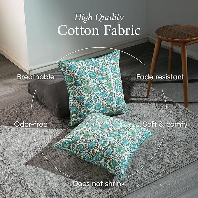 CPC Aqua Green Floral Printed Throw Square Cushion Covers - 18x18 Inch 100% Cotton Washable Decorative Couch Pillows Covers for Living Room Bed Sofa and Outdoors Spring, Summer Gifts