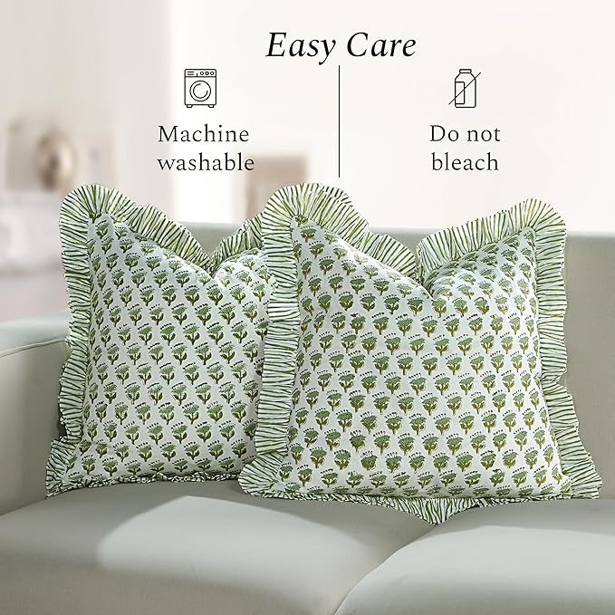 CPC Block Print Ruffle Throw Cover Emerald Green 24"x24" Inch Pack of 2-100% Cotton Ruffle Couch Decorative Boho Pillows Case for Living Room, Bedroom, Sofa, Farmhouse Gift for Spring, Mother's Day