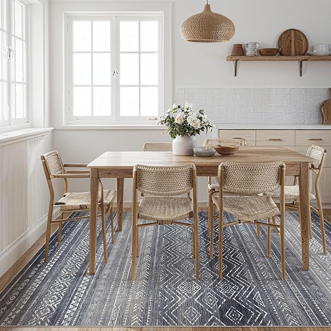 Tortania Area Rug Living Room Rugs- 10x13 Washable Large Soft Neutral Boho Moroccan Bohemian Farmhouse Rug Indoor Floor Carpet for Bedroom Under Dining Table Home Office Decor - Blue Gray