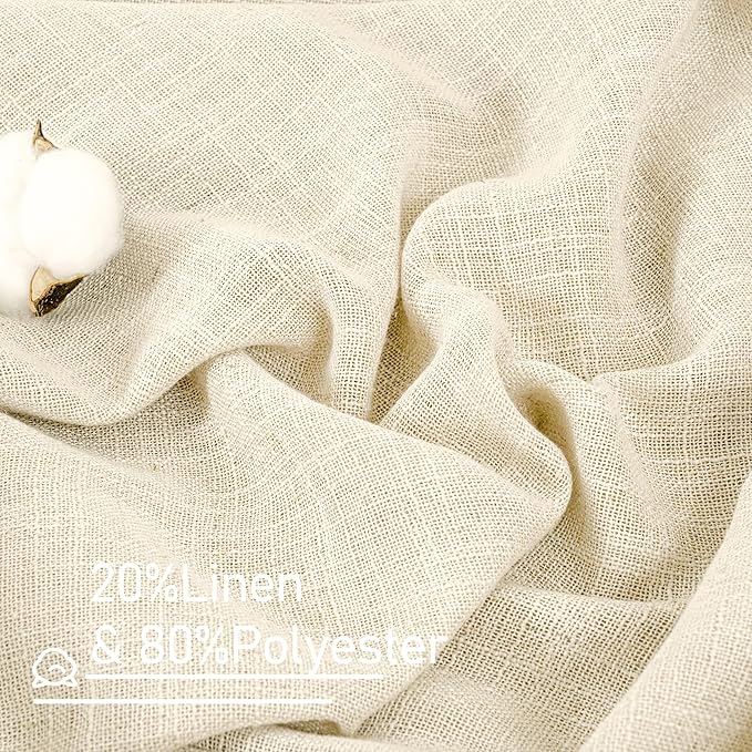 LAMIT Beige Linen Semi Sheer Curtains 48 Inch for Bedroom, Light Filtering Neutral Window Curtains Farmhouse Boho Back Tab and Rod Pocket Panels, 2 Panels, 52 x 48 Inch