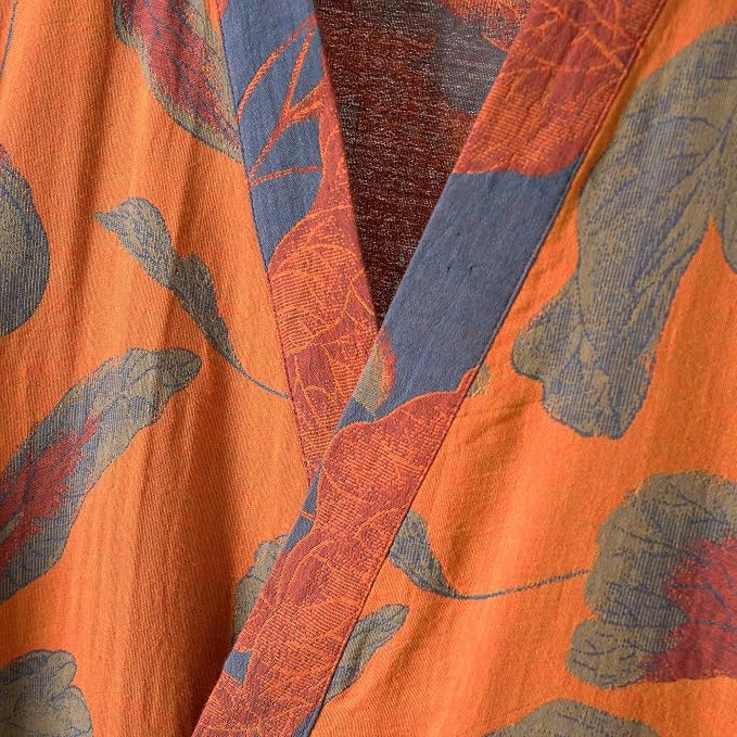 100% Cotton Gauze Ginkgo Leaf Kimono Robe, Long Knit Loose Bathrobe Nightgown Ladies Loungewear Sleepwear for Women